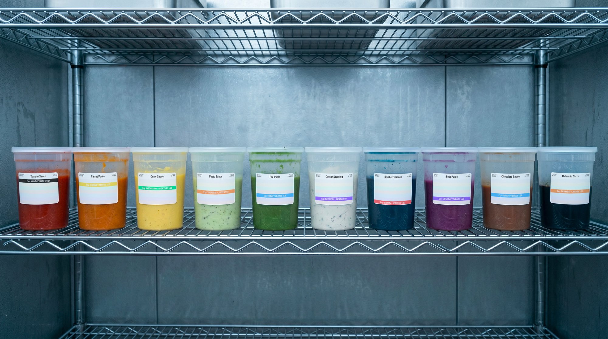 Row of labeled containers with color-coded bands forming a FIFO sequence