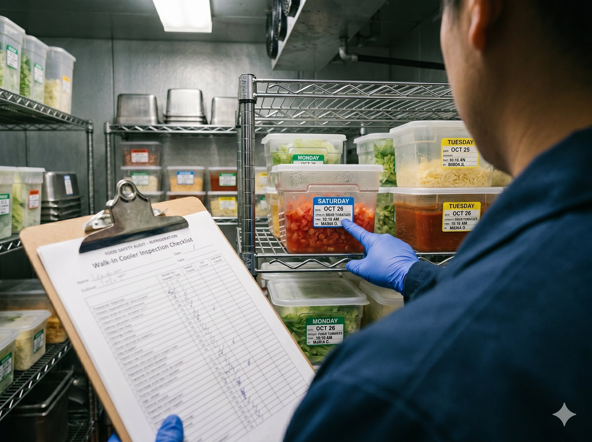 Food safety inspection of a labeled walk-in shelf
