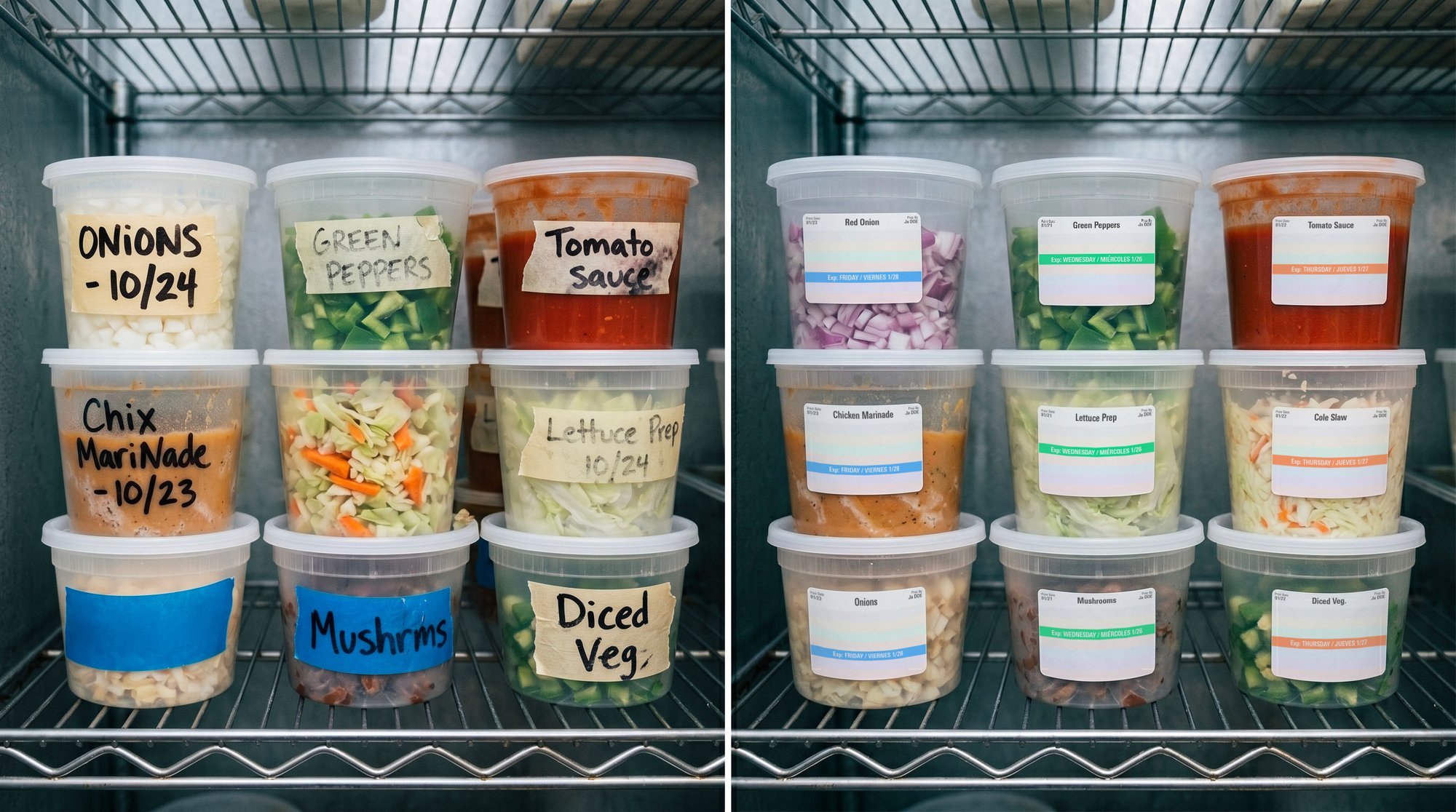 Walk-in shelves showing inconsistent vs consistent labeling