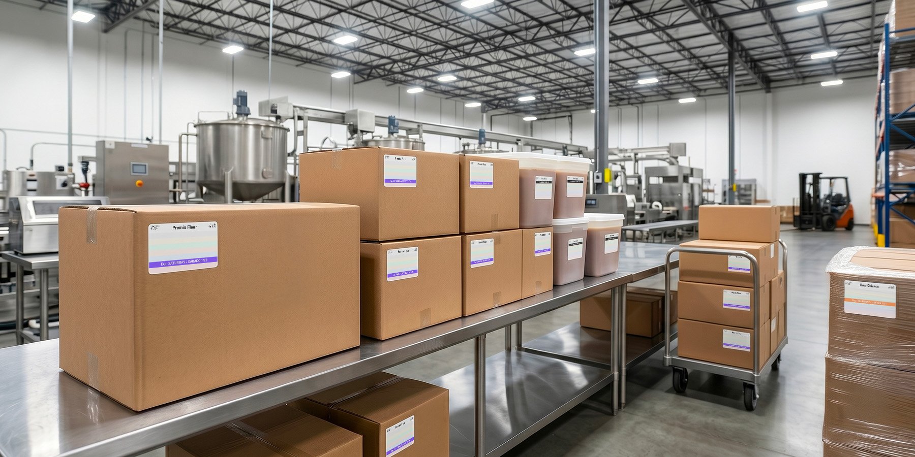 Commissary central prep with labeled product cases ready to ship
