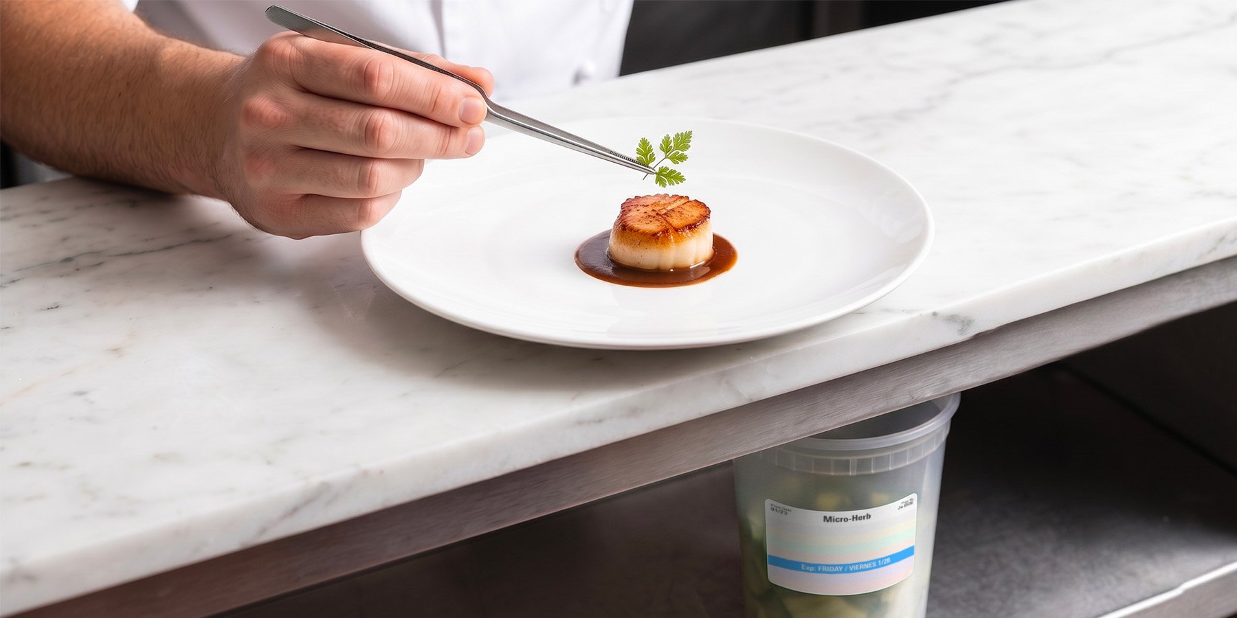 Fine dining kitchen pass with tweezer-precision plating