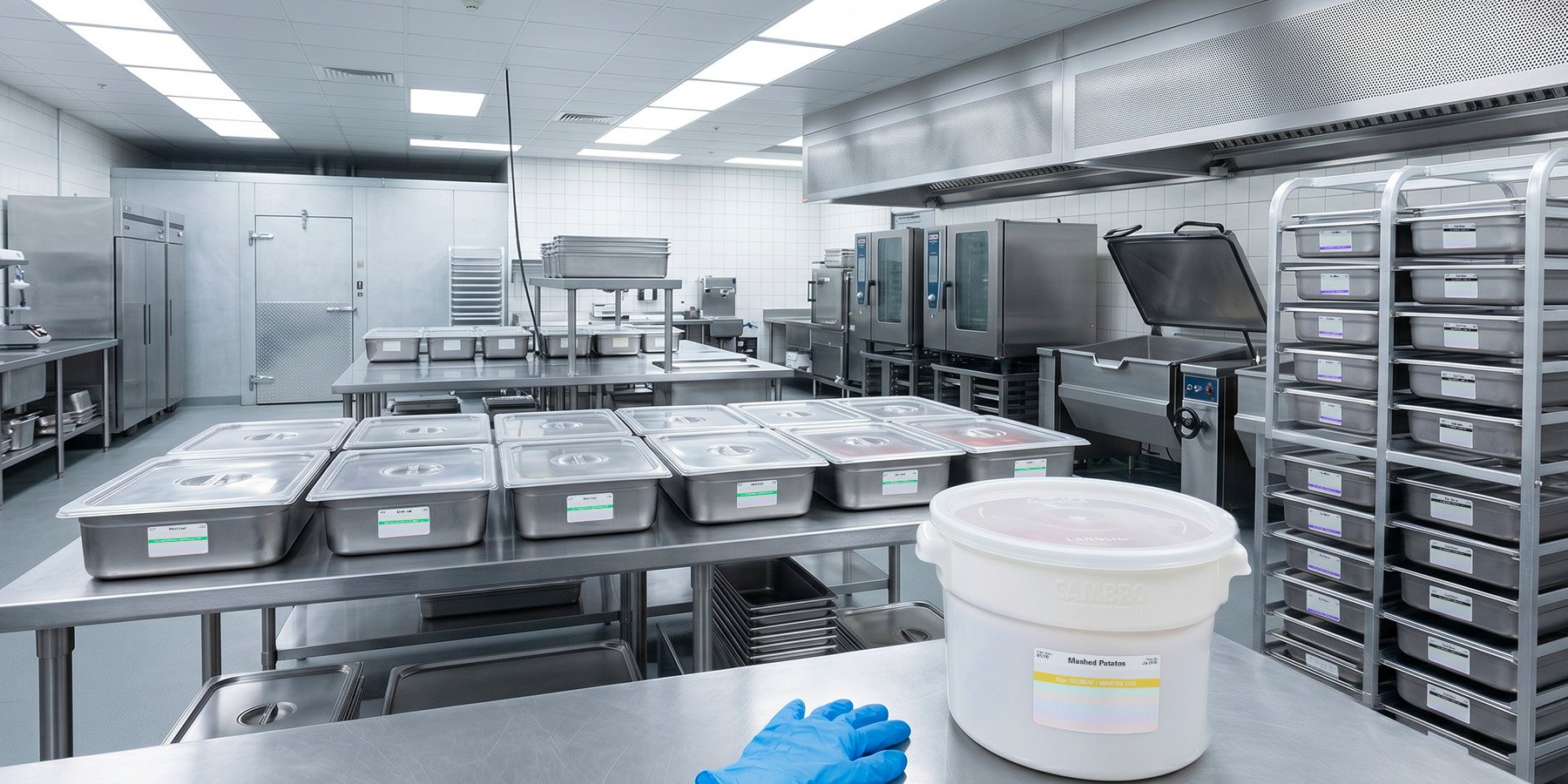 Hotel kitchen banquet production with labeled hotel pans and Cambros