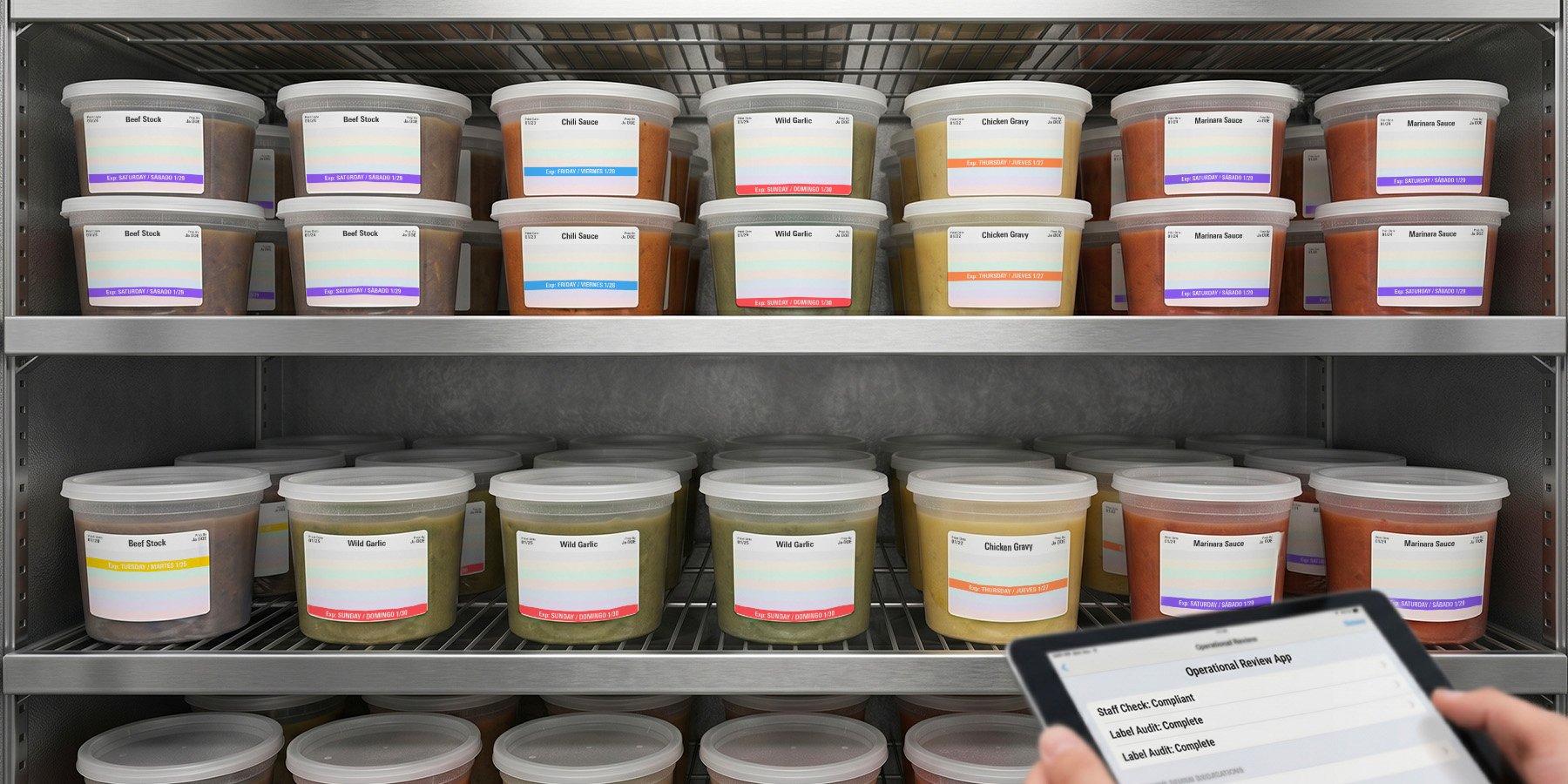 Walk-in cooler with uniformly labeled containers across multiple shelves