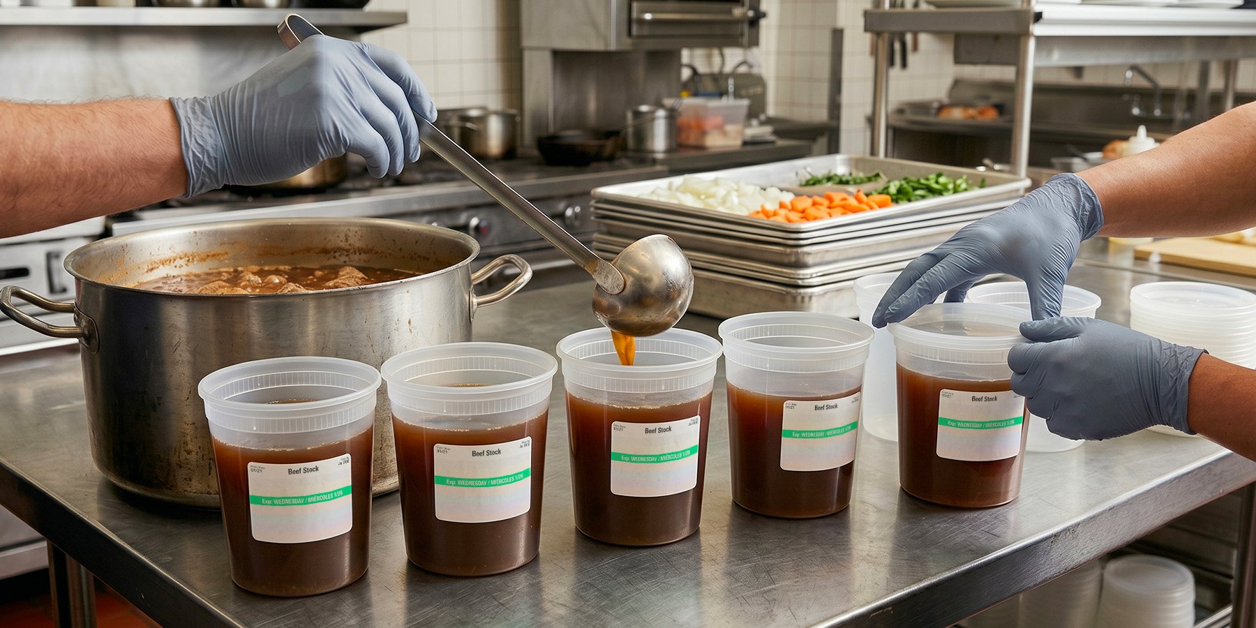 Scratch kitchen prep portioning into labeled deli containers