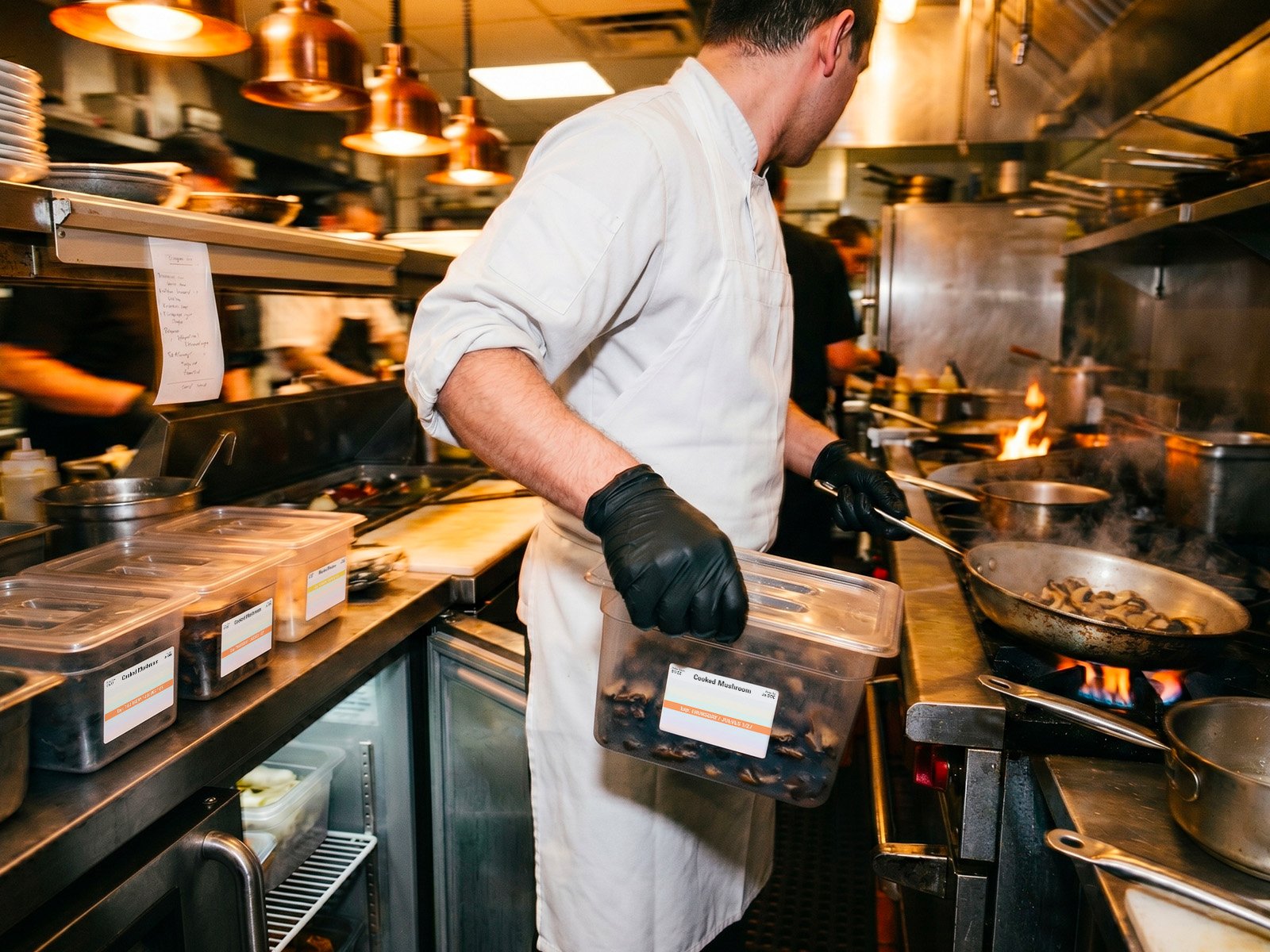 Line cook reaching for a labeled container during service